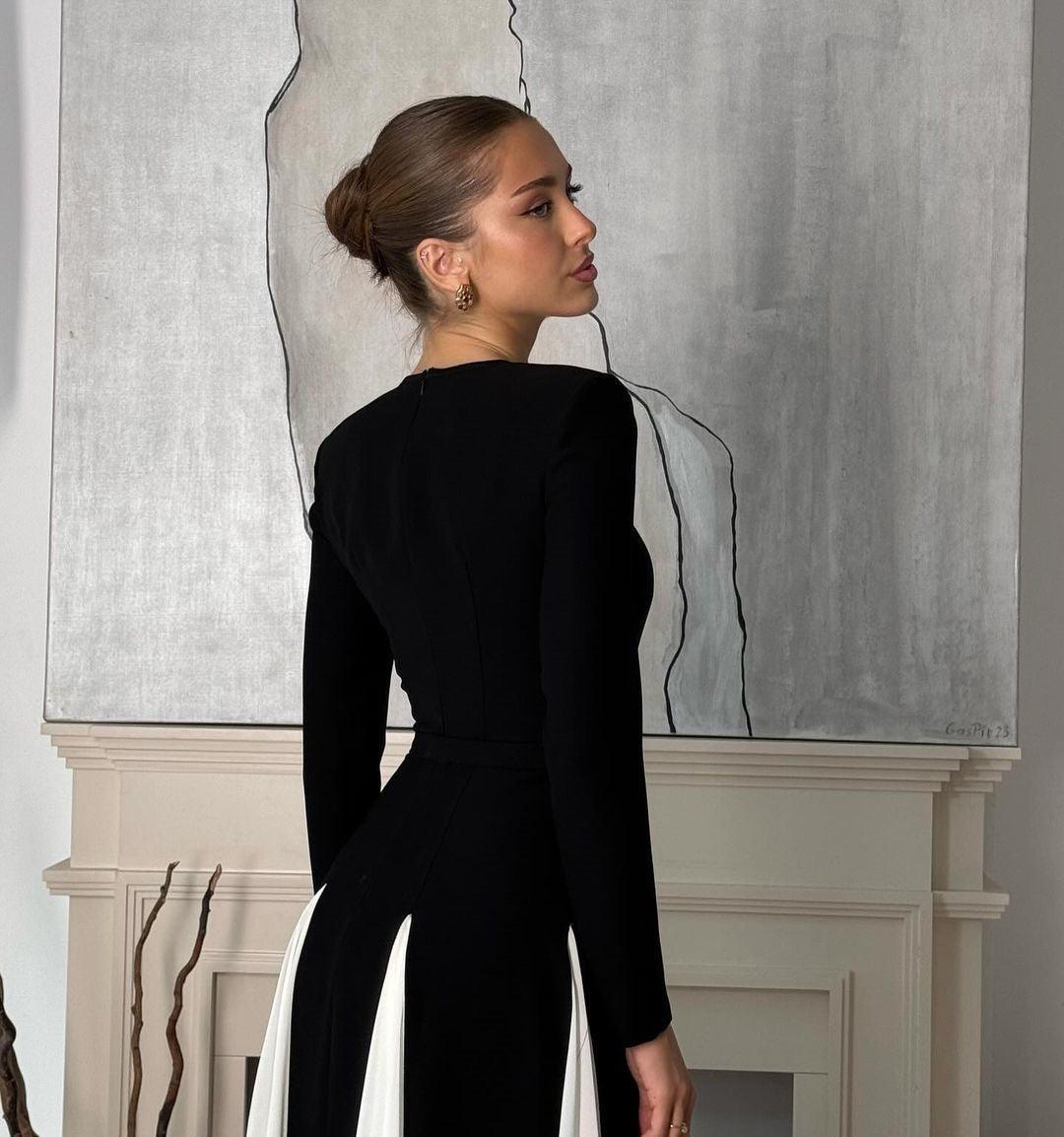 Tisa | Galajurk Zwart-Witte Maxi Jurk met Lange Mouwen