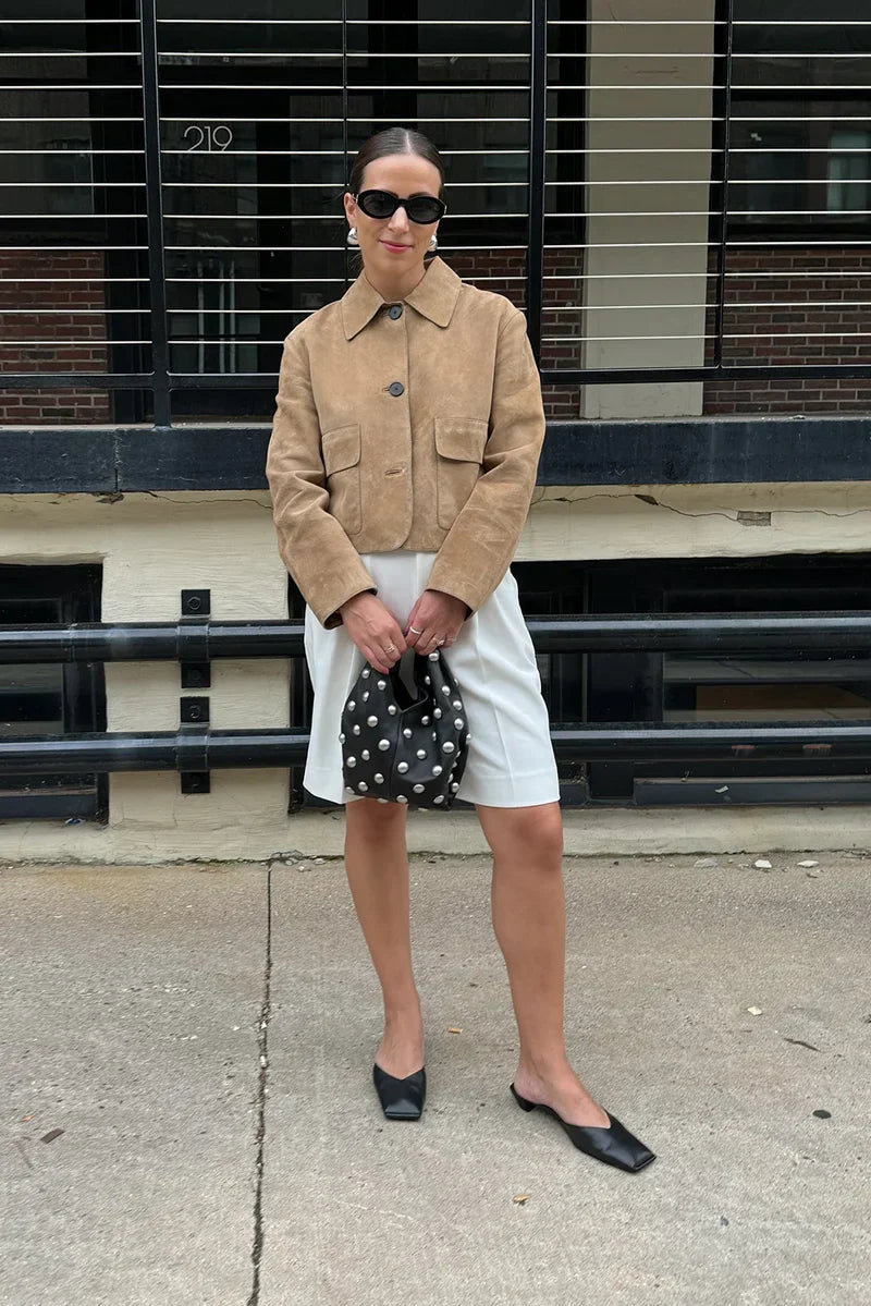 Getailleerde Dames Jas met Suede Look en Korte Pasvorm