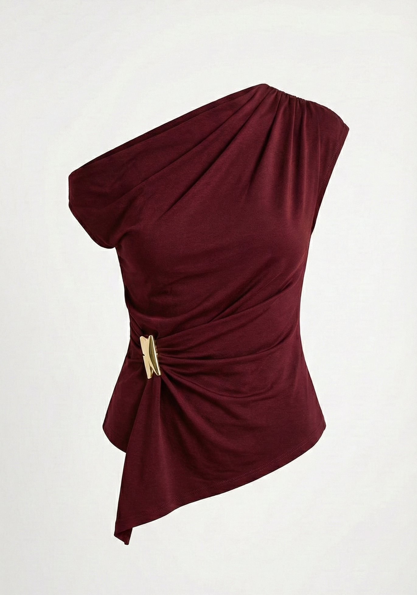 Asymmetrische top met drapering en siergesp