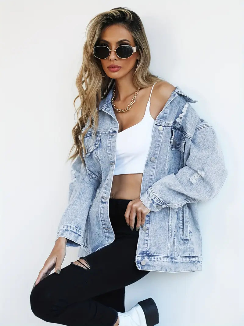 Denim oversized vrouwen jas met licht gewassen effect