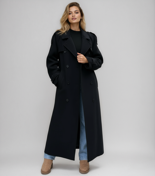 Zwarte Dames Lange Double Breasted Winterjas met Wolmix