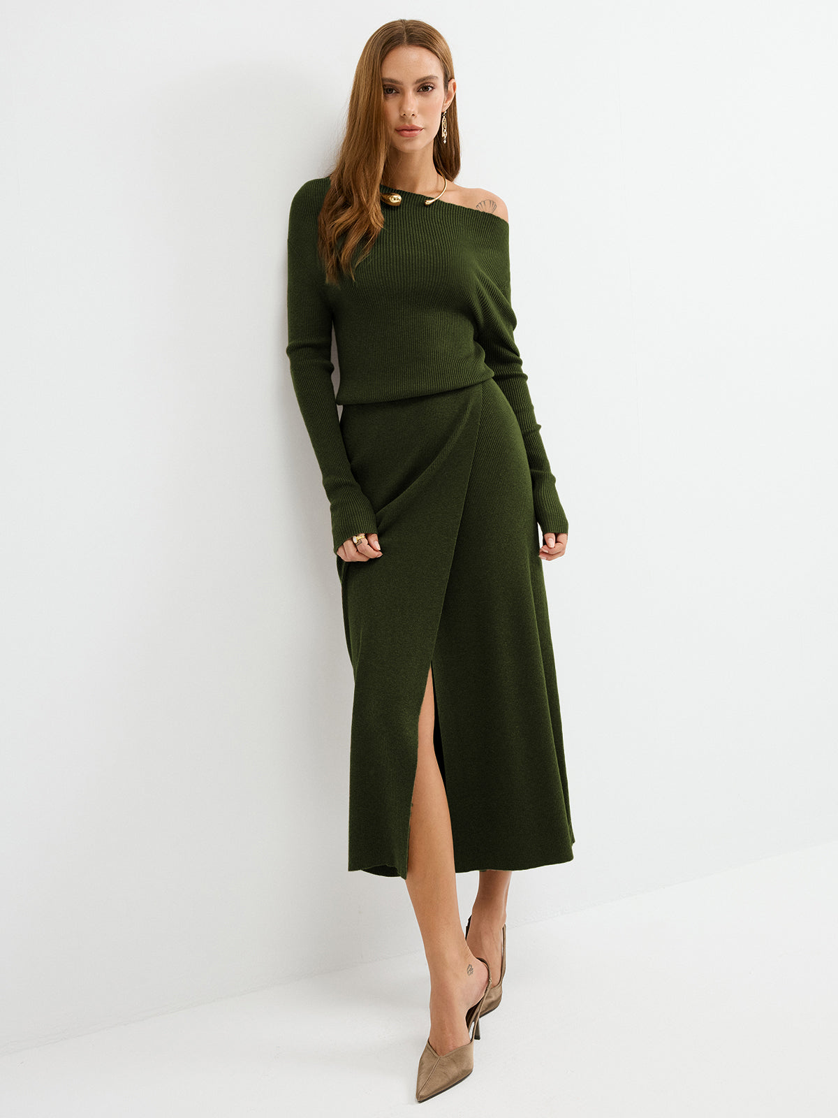 Luxe Gebreide Dames Maxi Sweaterjurk van Wolmix met Off-Shoulder