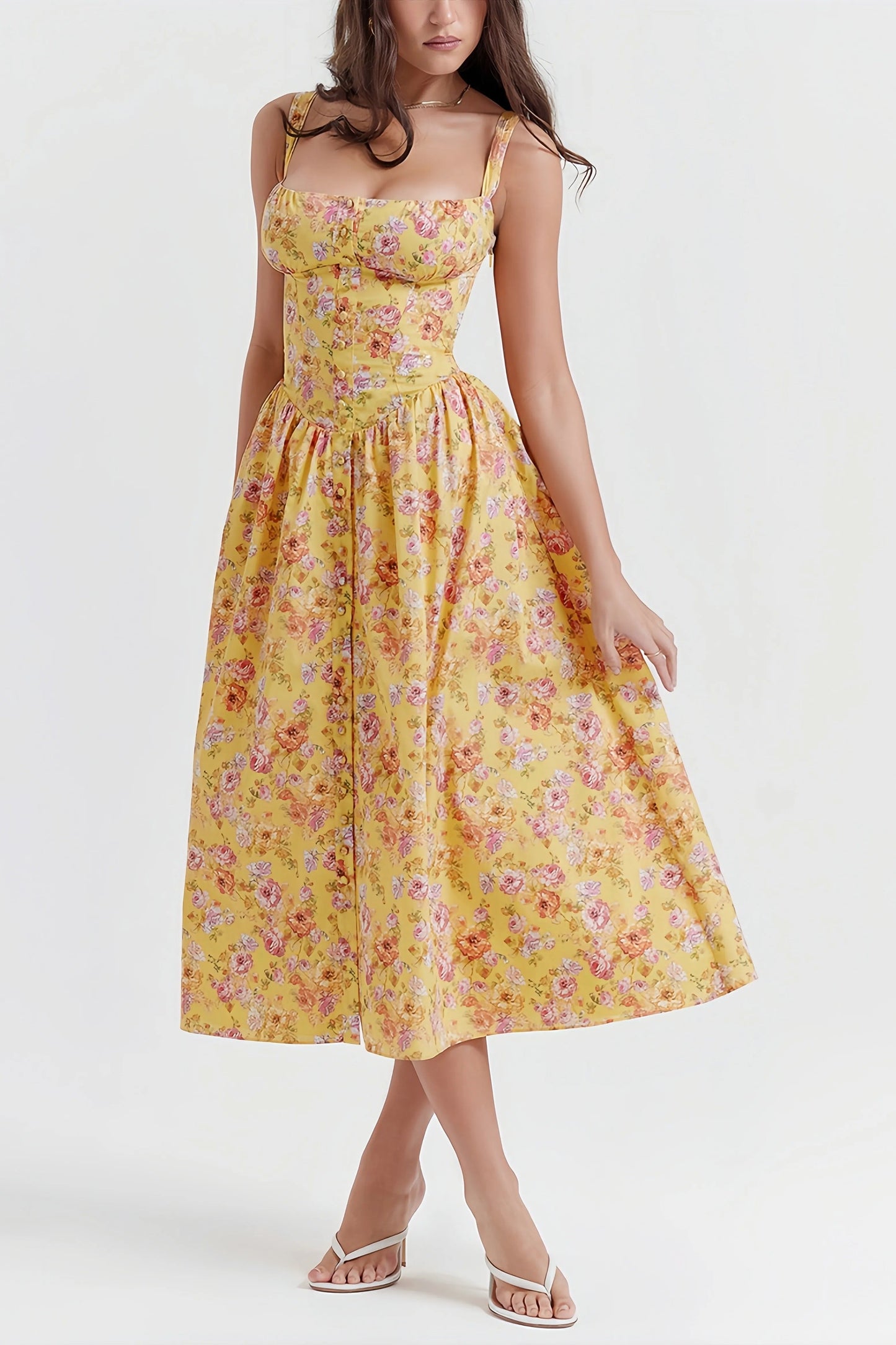 Heni | Zomerse Midi Jurk met Bloemenprint en Knoopdetail