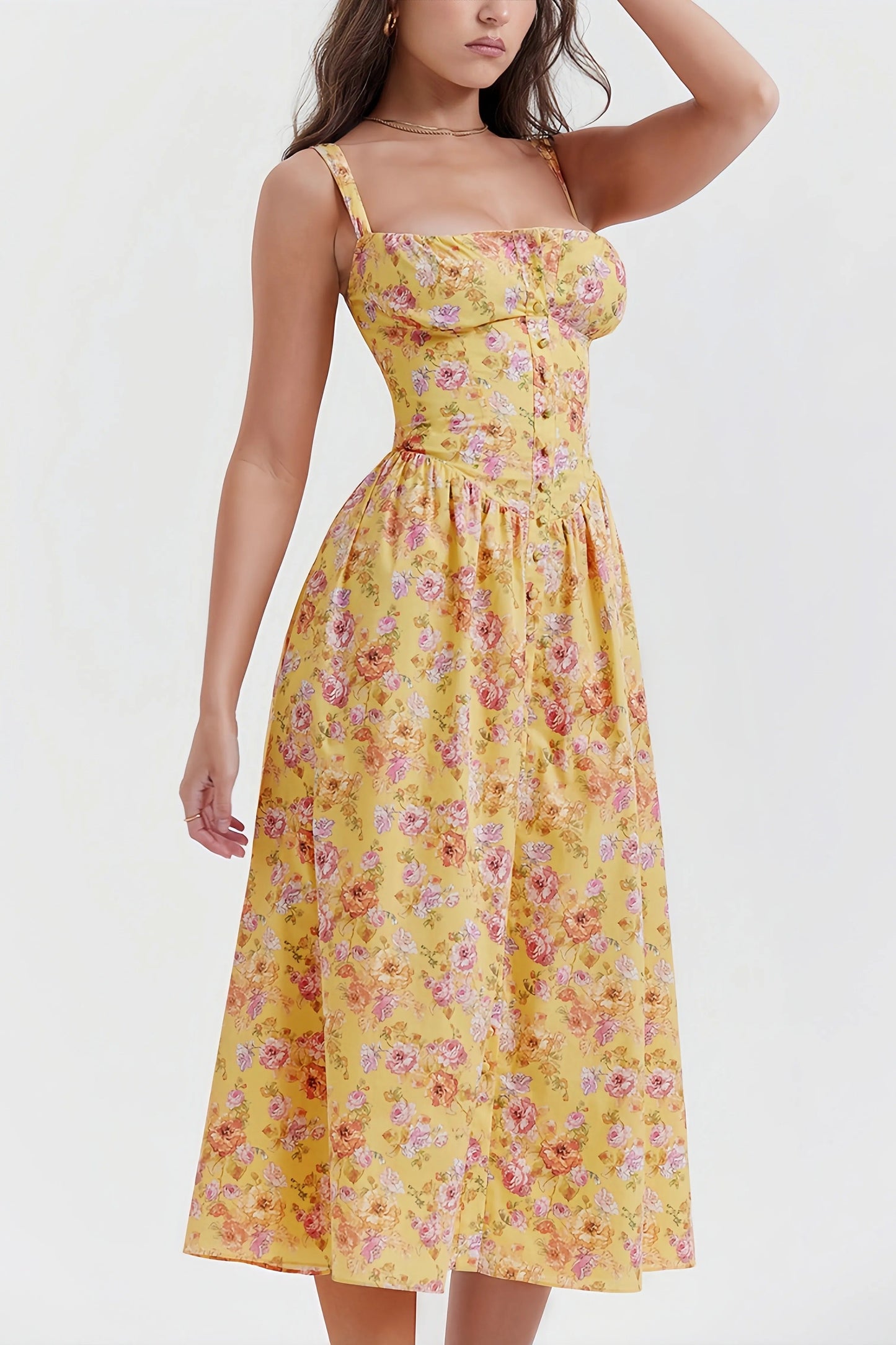 Heni | Zomerse Midi Jurk met Bloemenprint en Knoopdetail