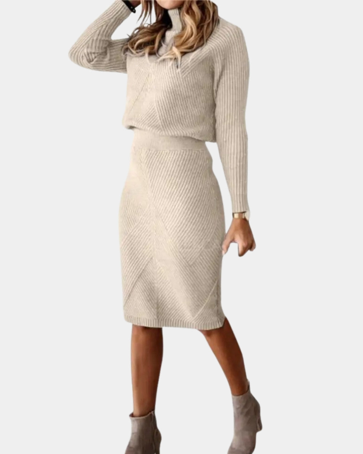 Warme Dames Midi Jurk met Col en Lange Mouwen Winter