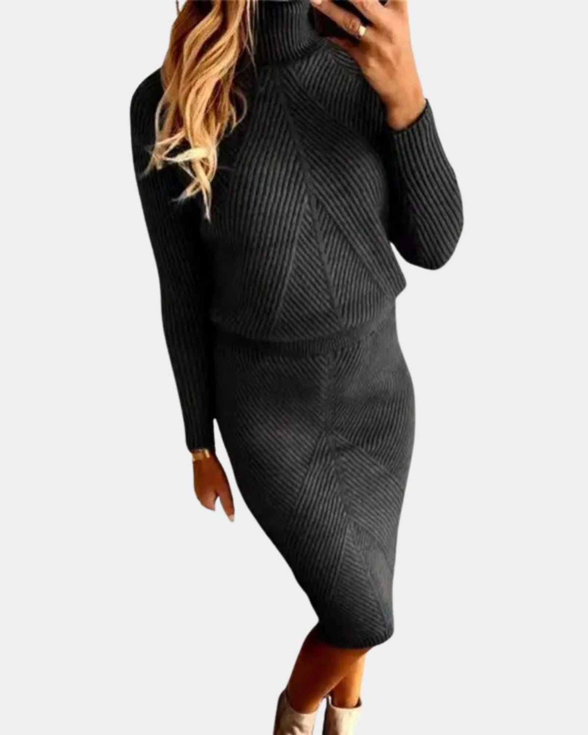 Warme Dames Midi Jurk met Col en Lange Mouwen Winter